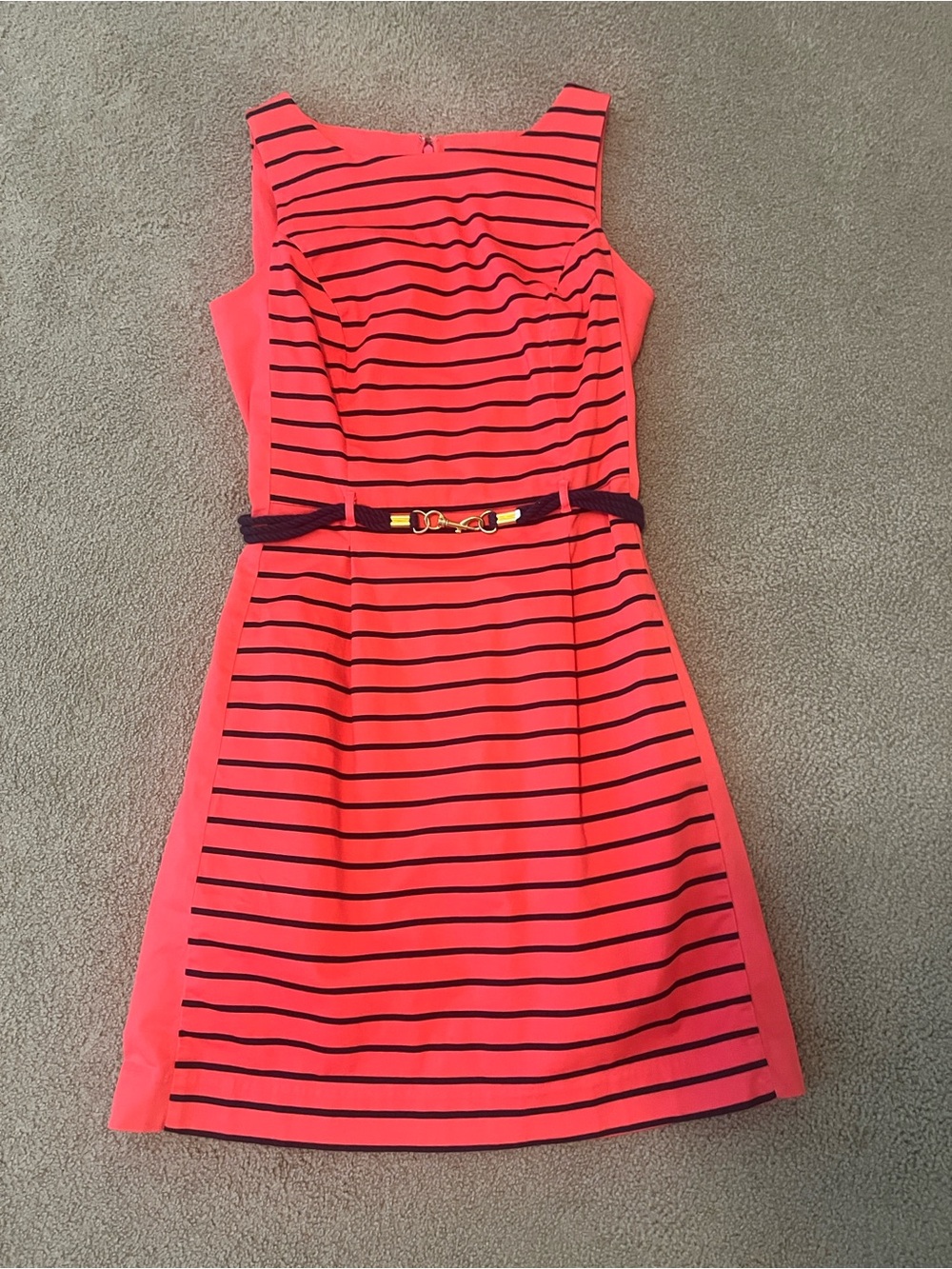 Tommy Hilfiger Poppy Red Orange Navy Striped Sleeveless Nautical Belted Dress 2
